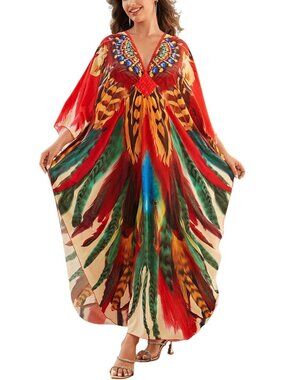 Women's Plus Size Kaftan Maxi Dress Batwing Sleeve Beach Cover Up-8759-color20